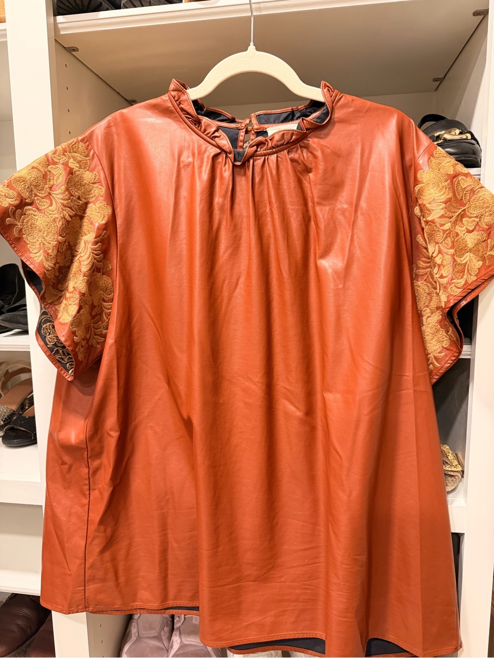 Leather like Tunic with Embroidered Sleeves